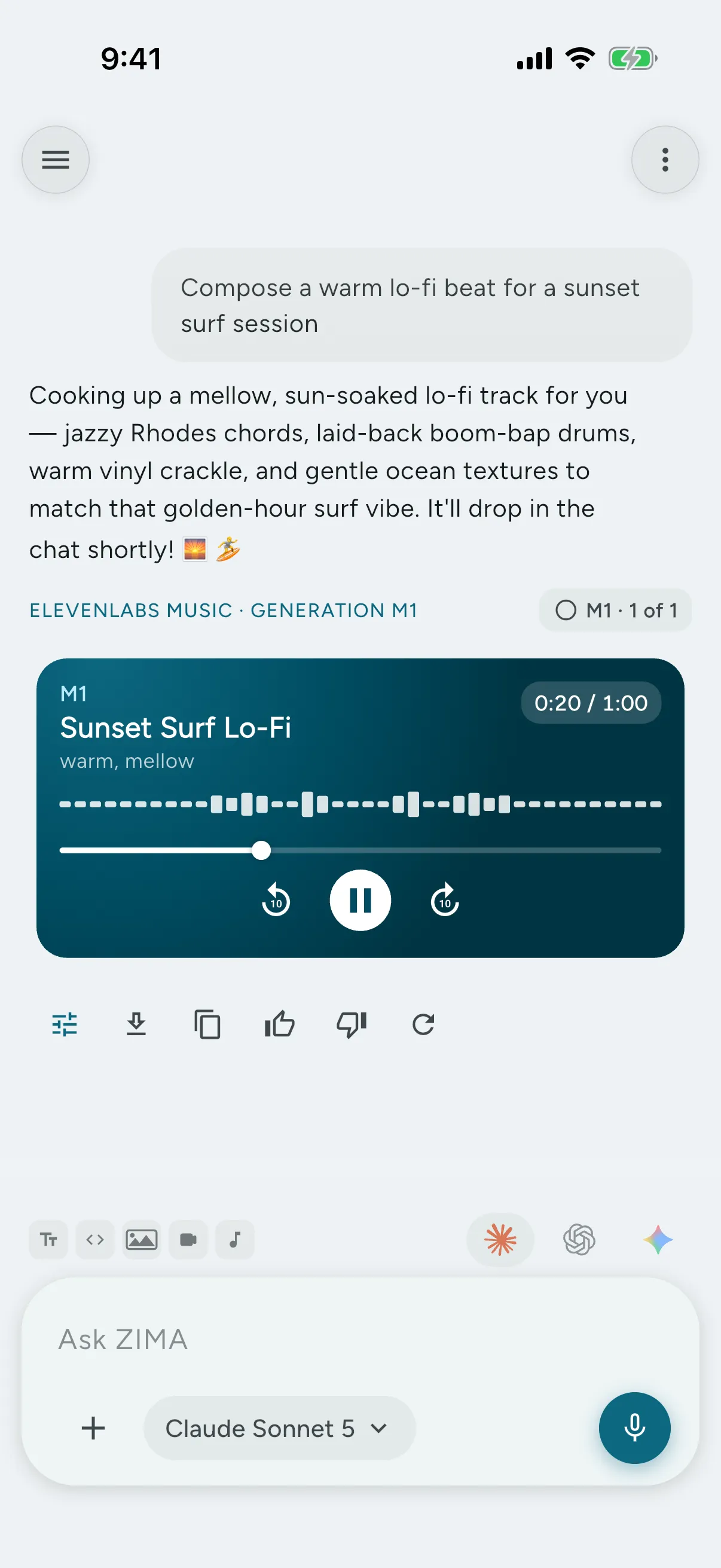 Ask for a song, a sound effect, or a voiceover and ZIMA makes it with ElevenLabs — in any chat.