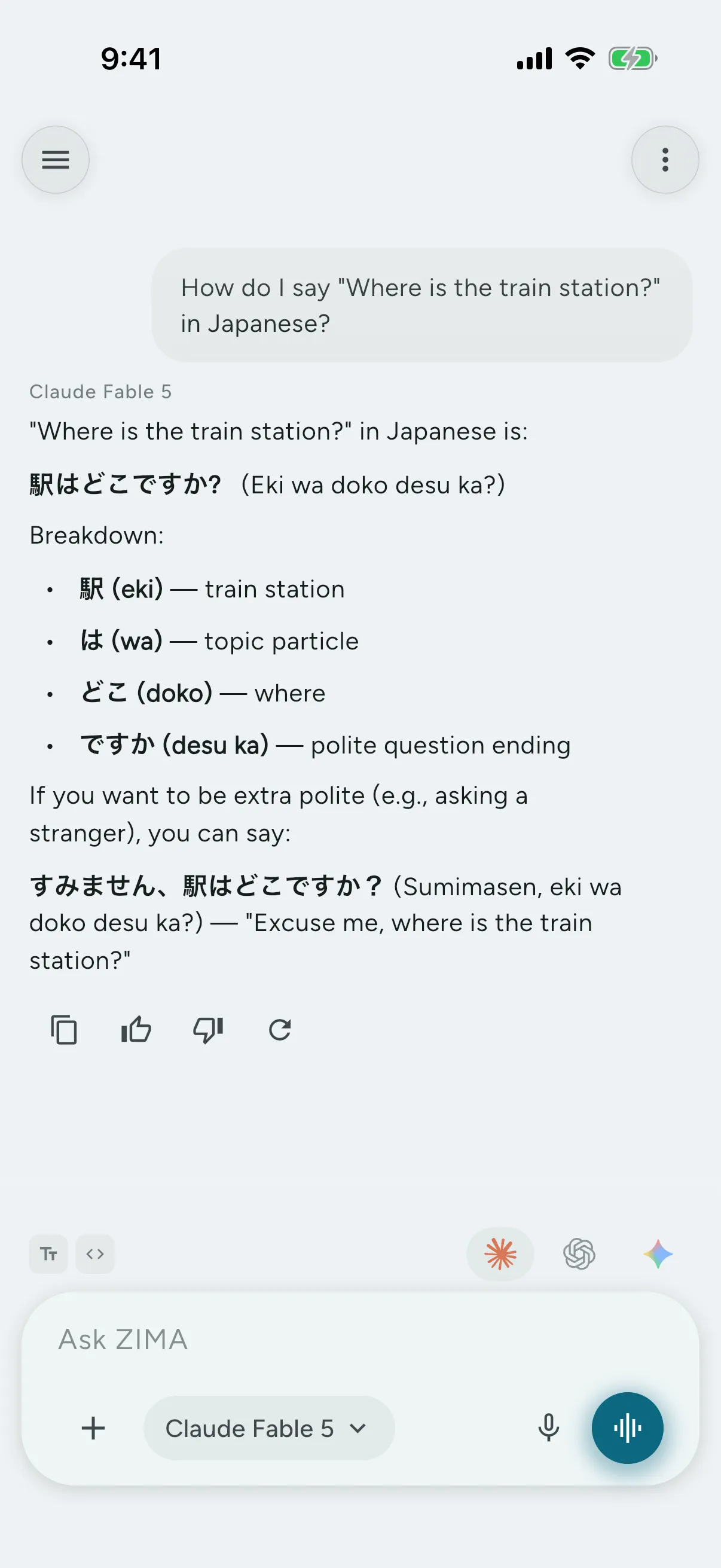 Translate any phrase and see a word-by-word breakdown, not just the answer.