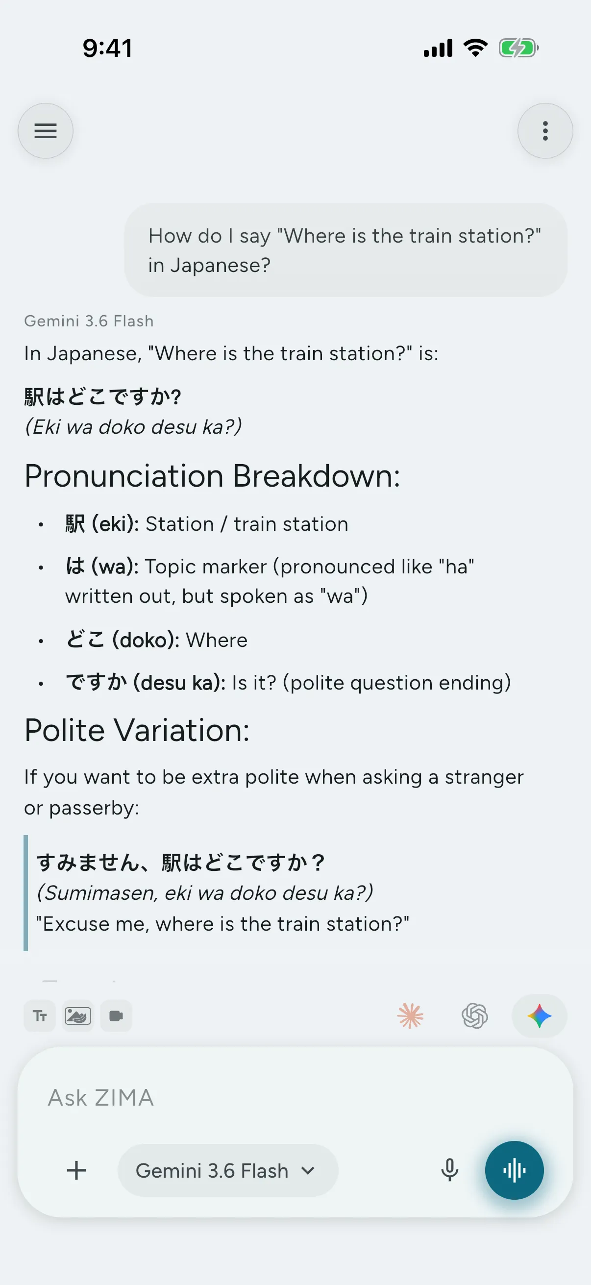 Translate any phrase and see a word-by-word breakdown, not just the answer.