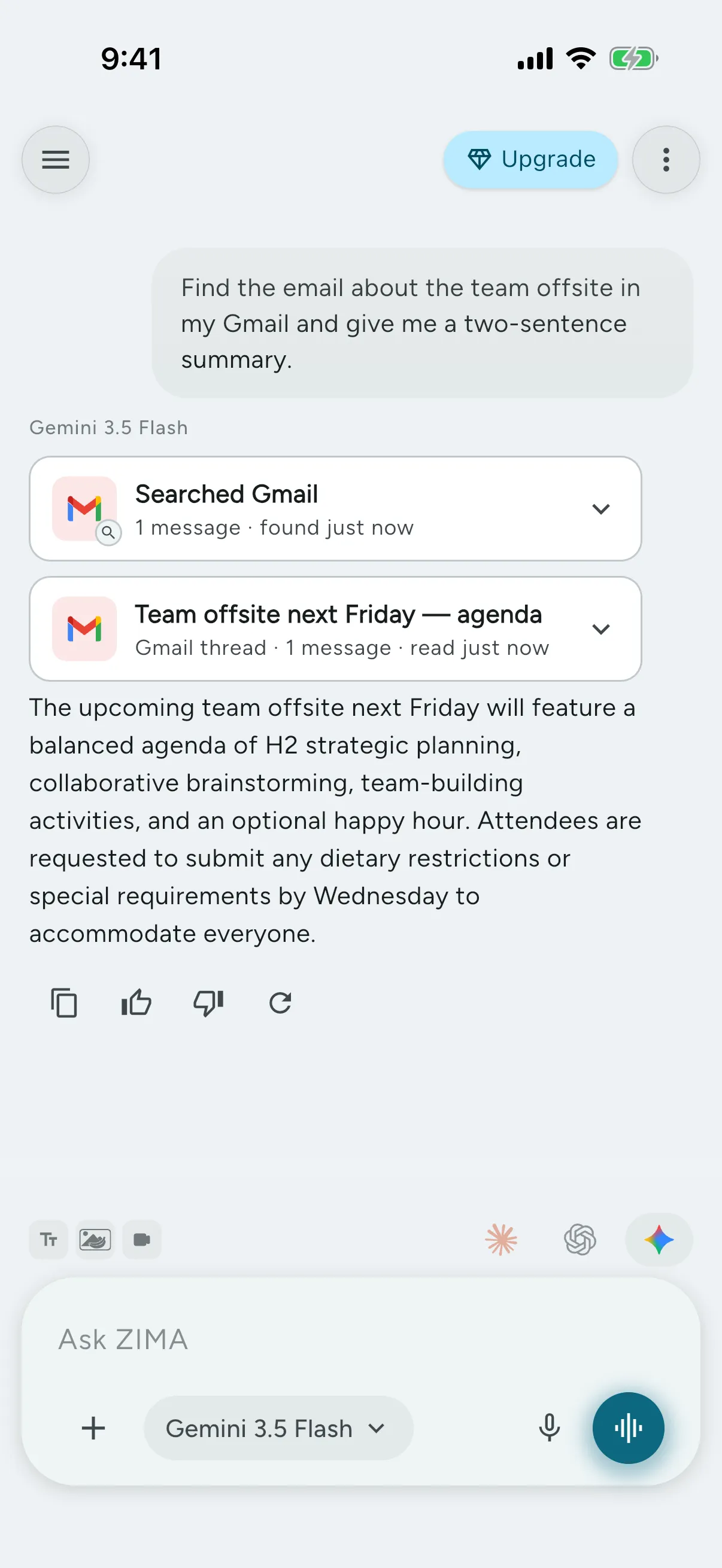 ZIMA searching Gmail and summarizing a thread inside the chat