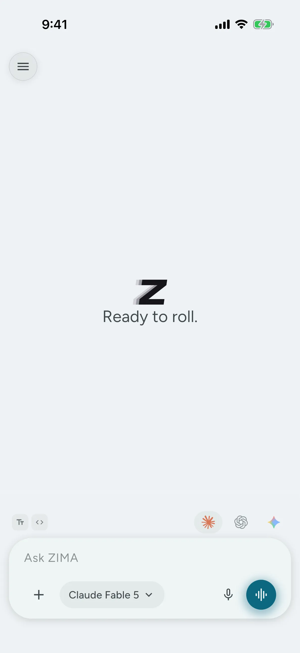 ZIMA home screen showing a Claude chat
