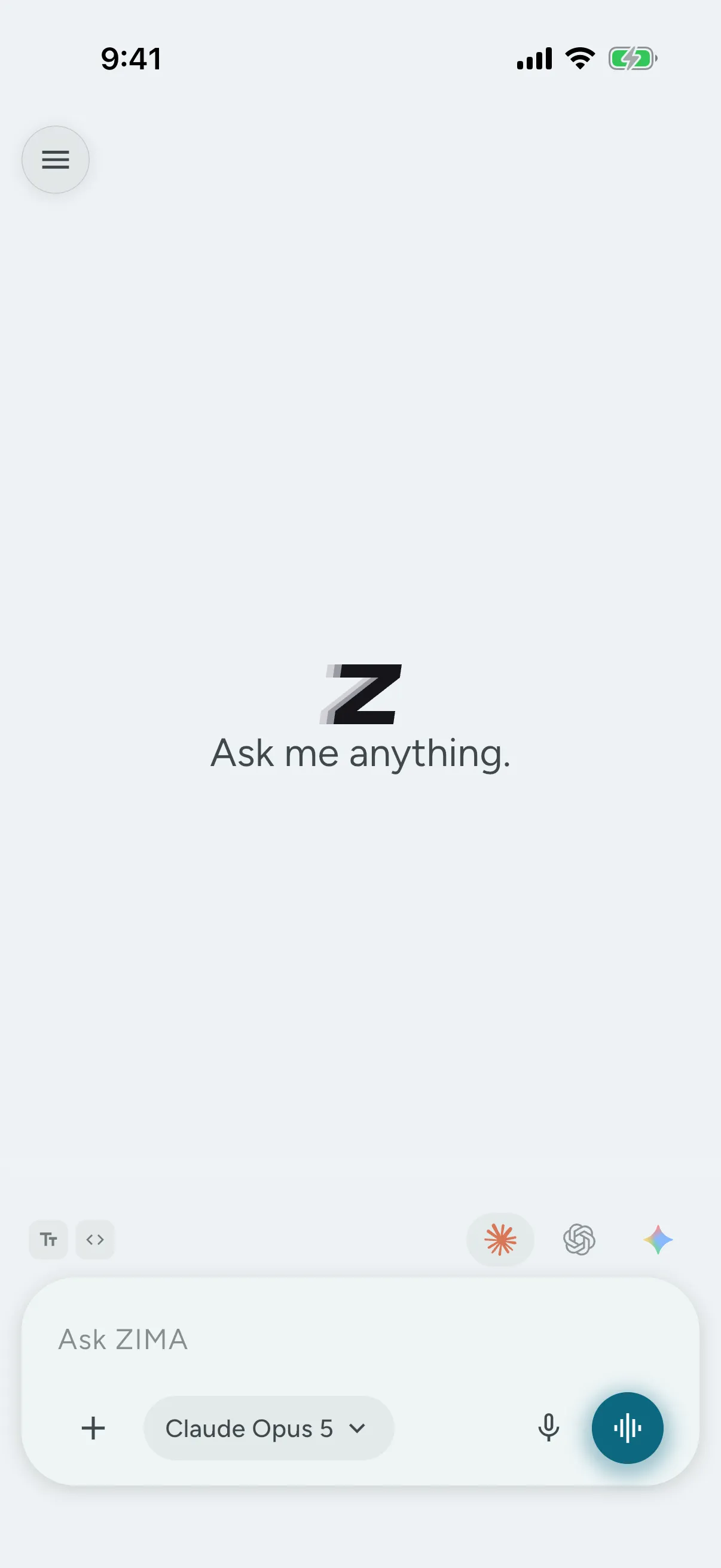 ZIMA home screen showing a Claude chat