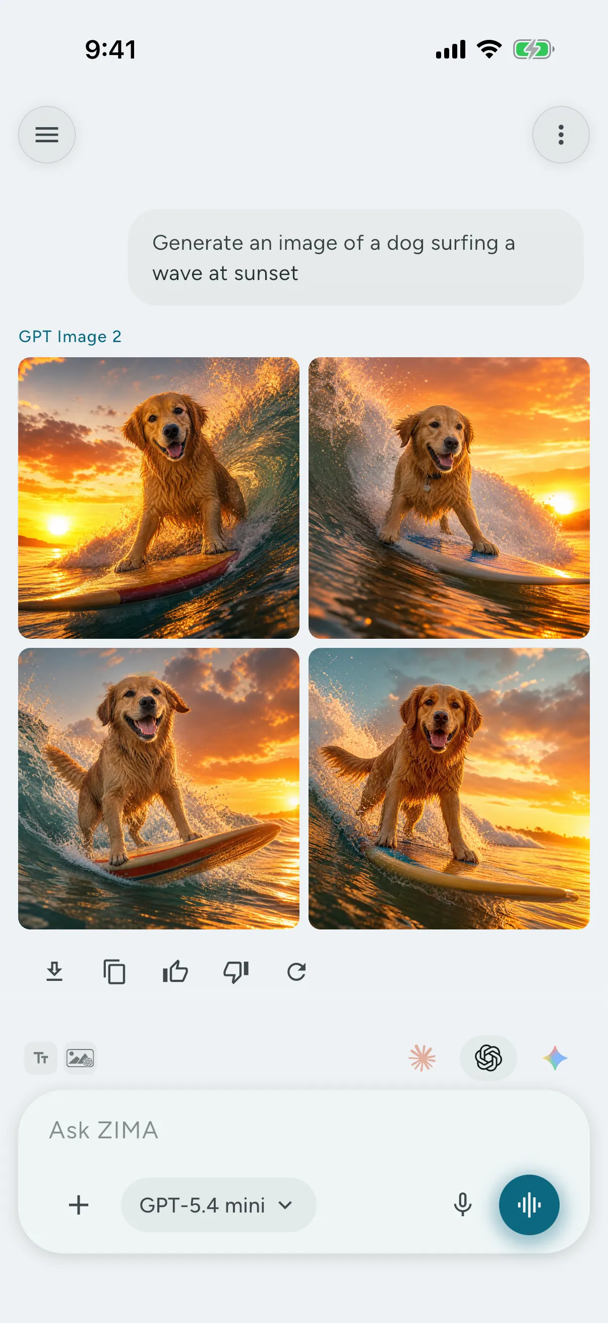 A grid of AI-generated images in a ZIMA chat