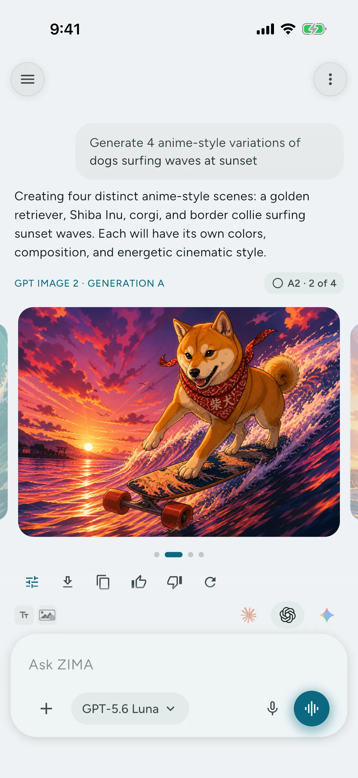 A grid of AI-generated images in a ZIMA chat