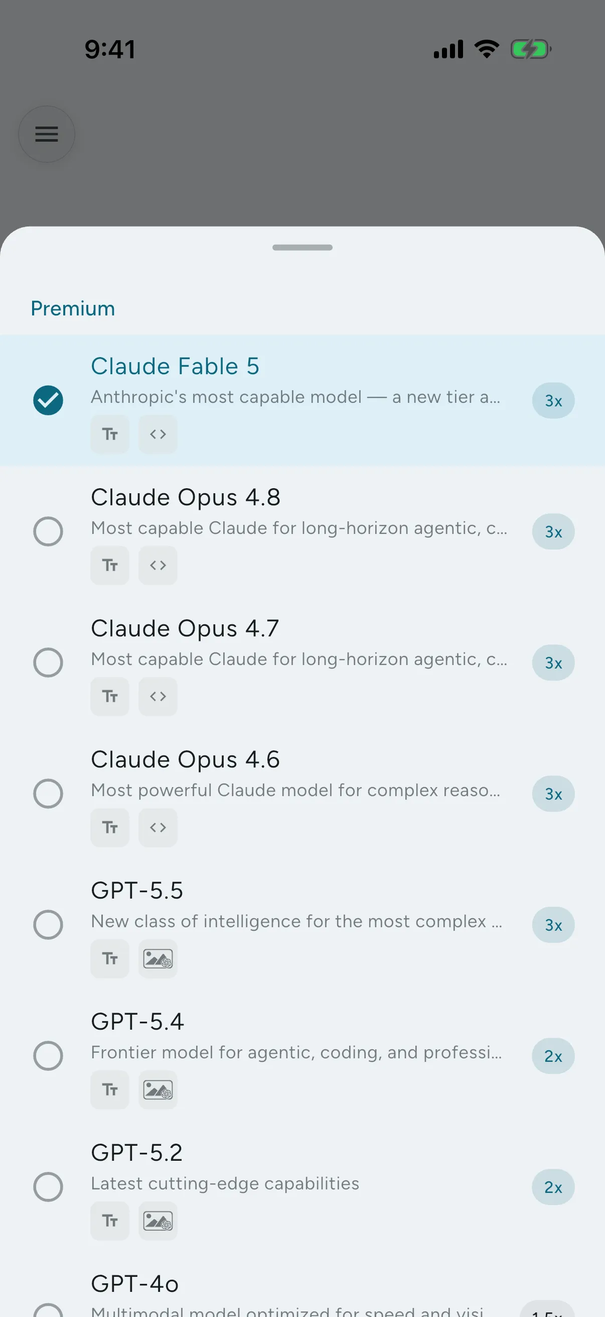 The ZIMA model selector listing GPT, Claude, and Gemini models