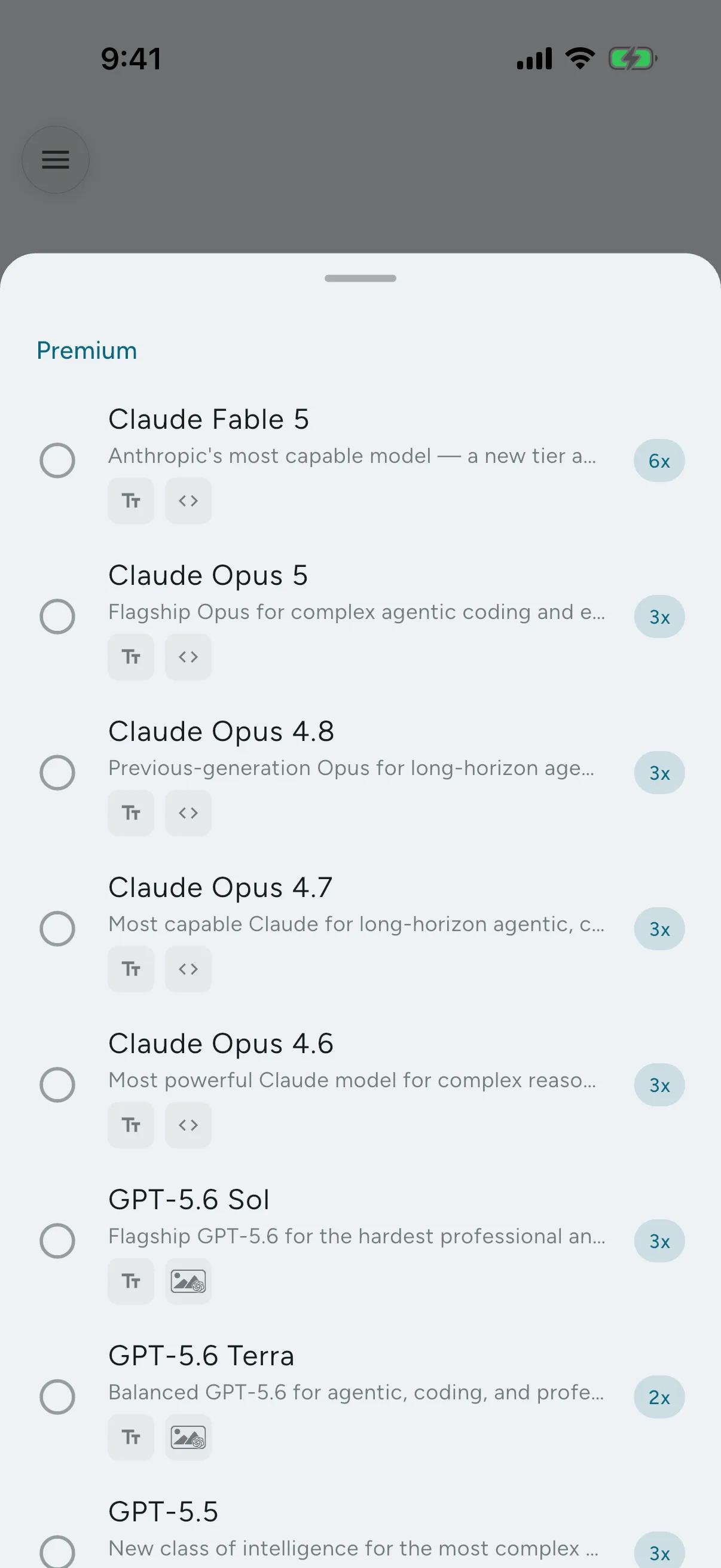 The ZIMA model selector listing GPT, Claude, and Gemini models