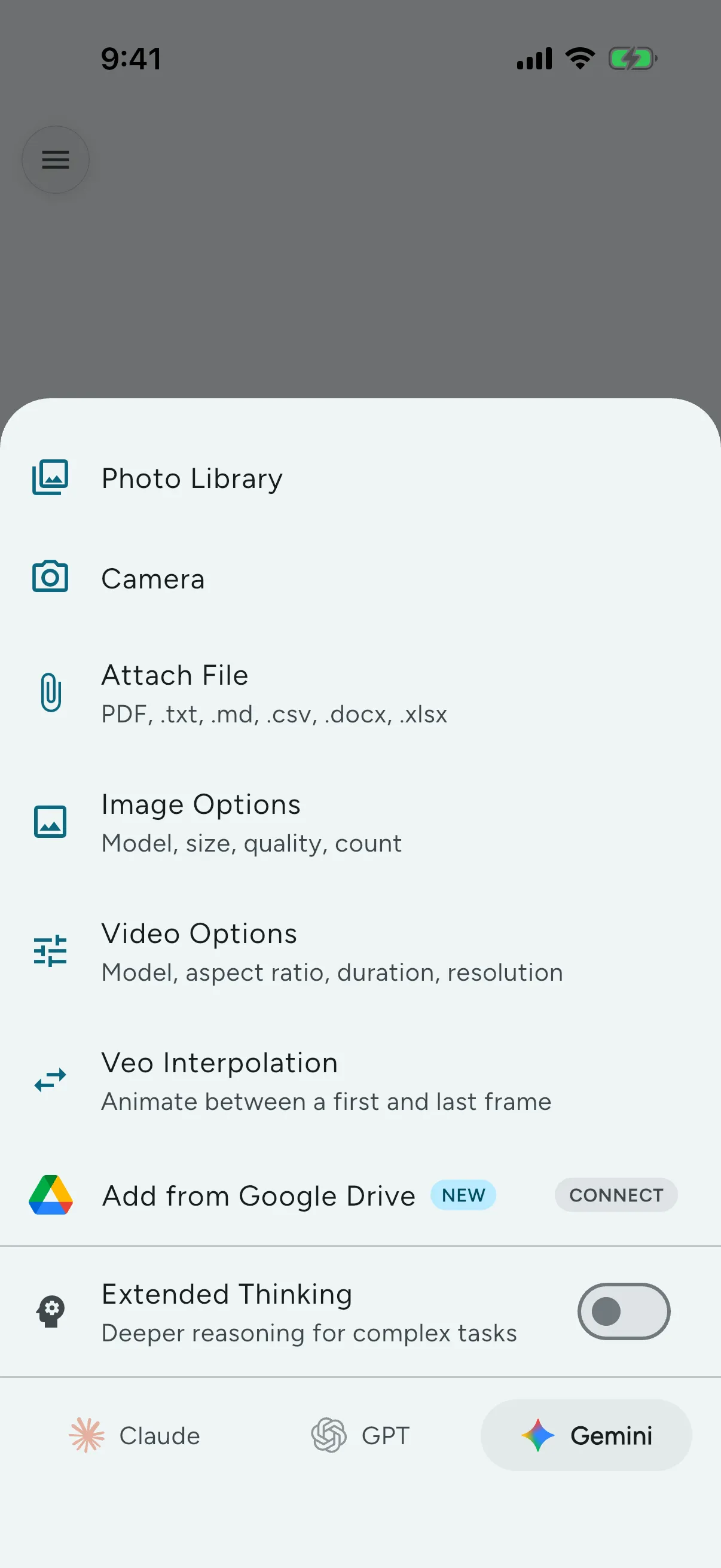 Attach images, PDFs, and Office files — the model reads and reasons about them.