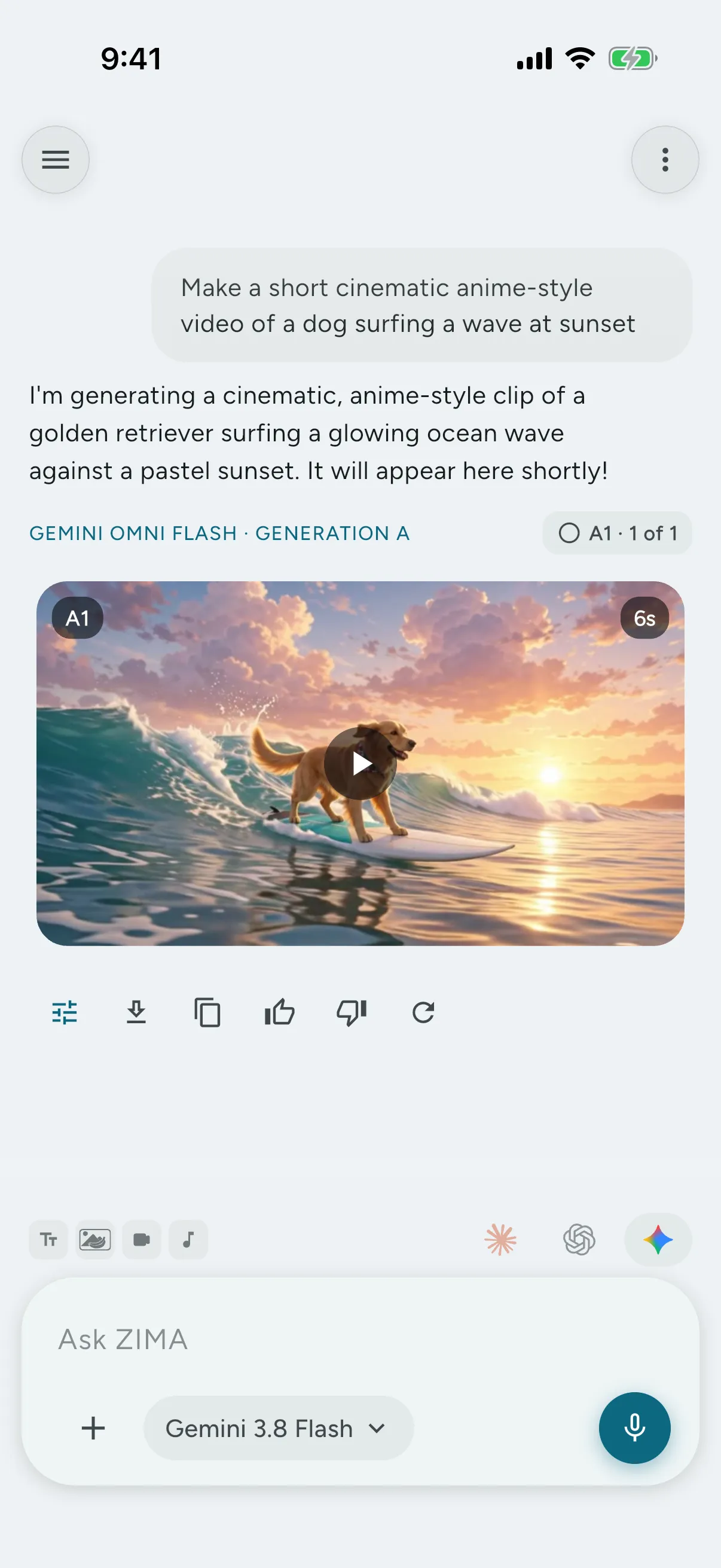 Gemini Omni video generation in a ZIMA Gemini chat