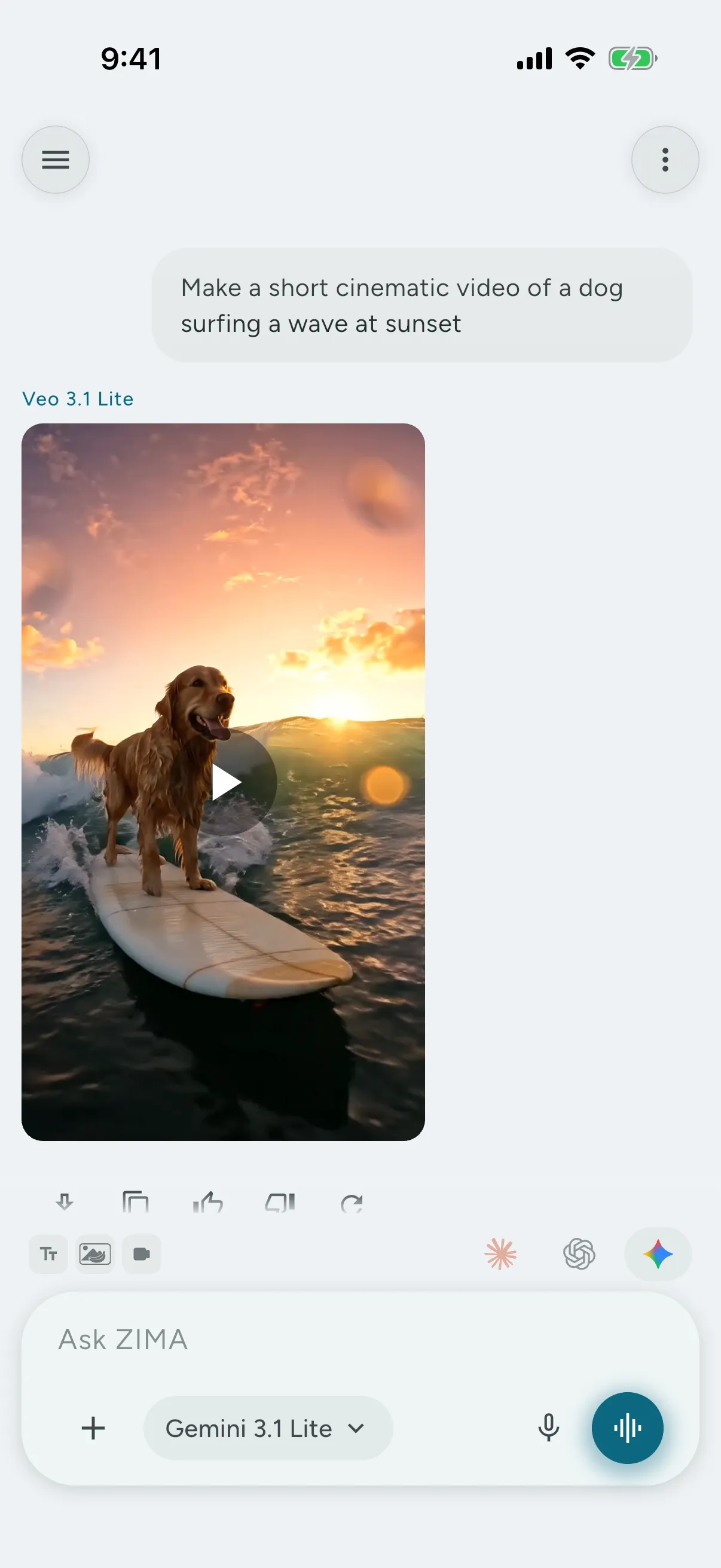 Veo video generation in a ZIMA Gemini chat