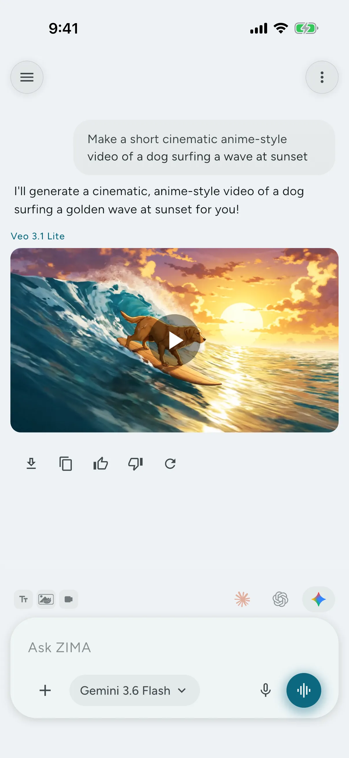Veo video generation in a ZIMA Gemini chat